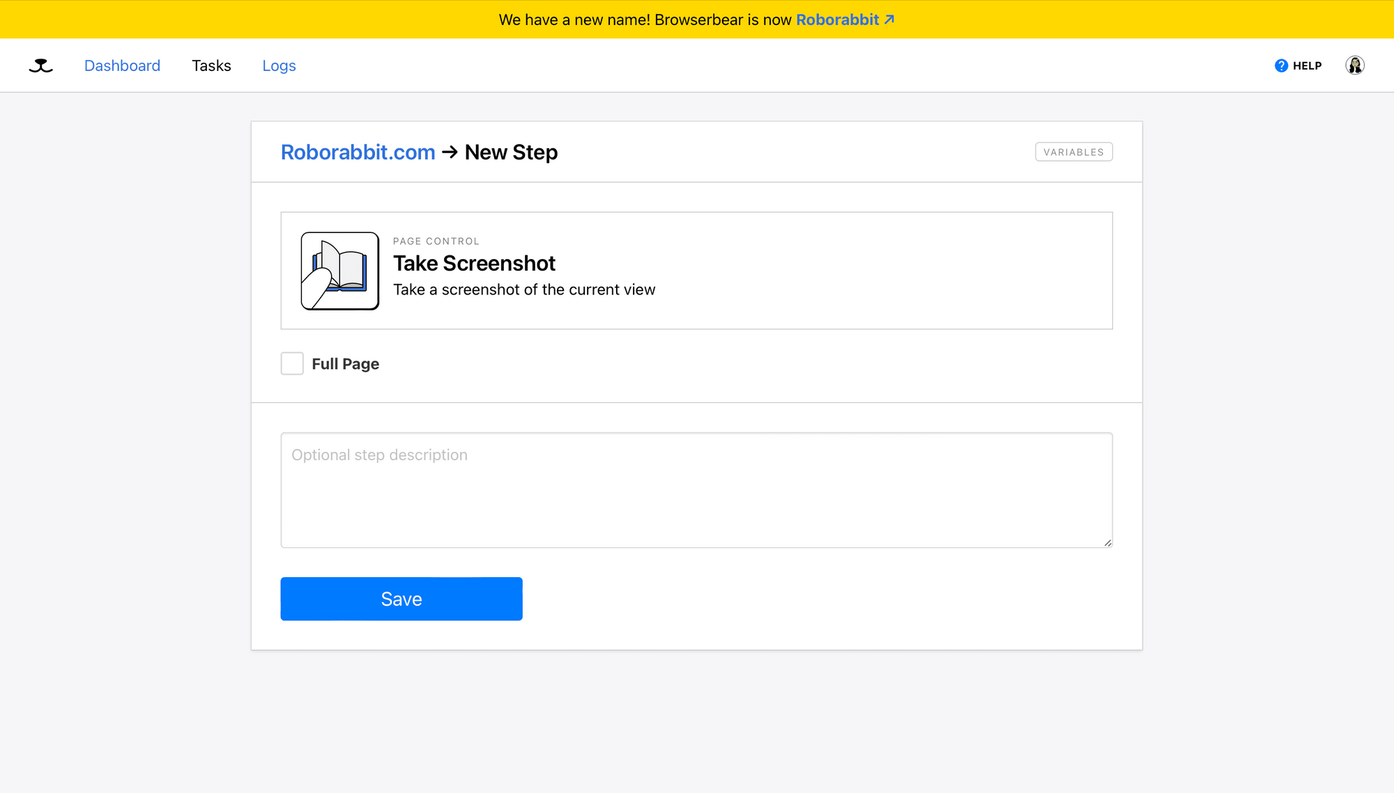 Screenshot of Roborabbit take screenshot step setup