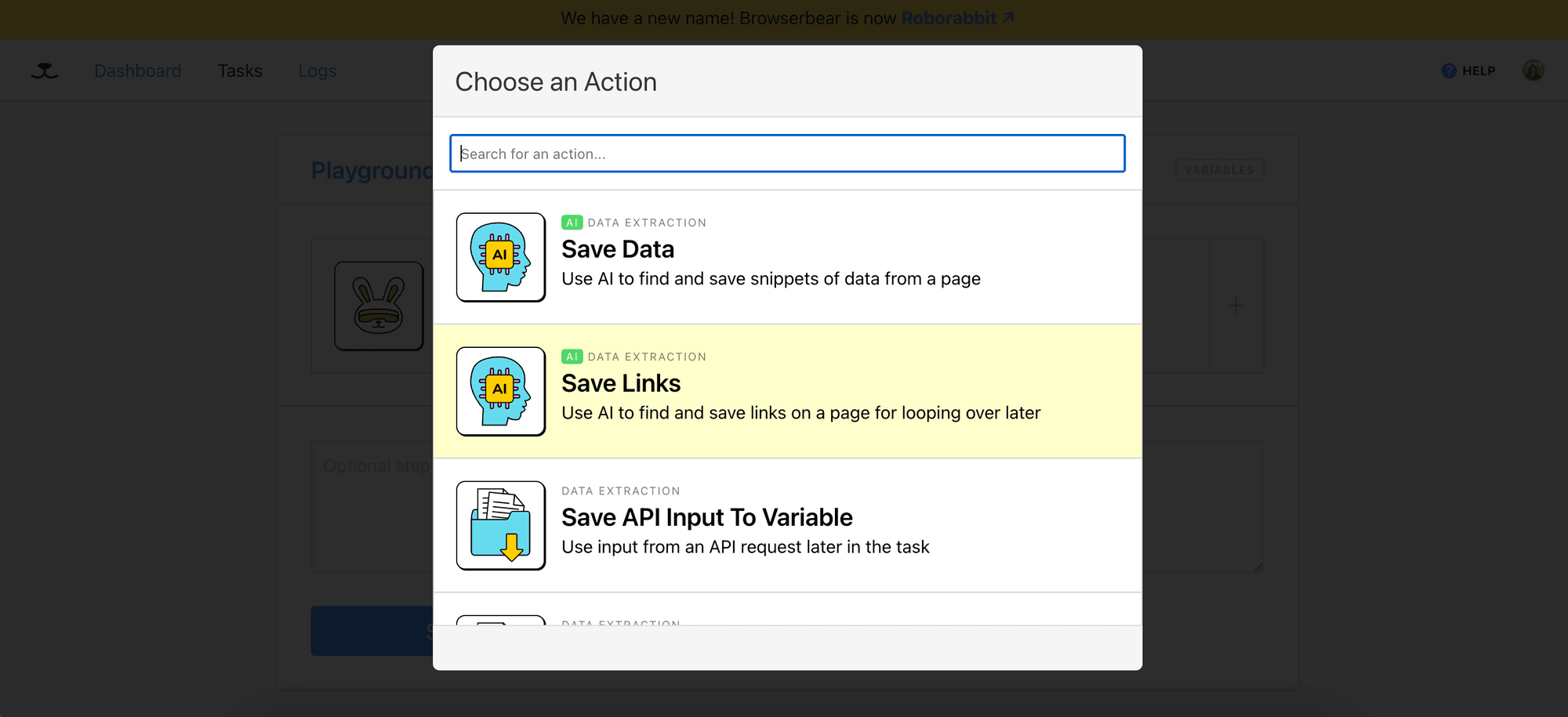 select an action for the step
