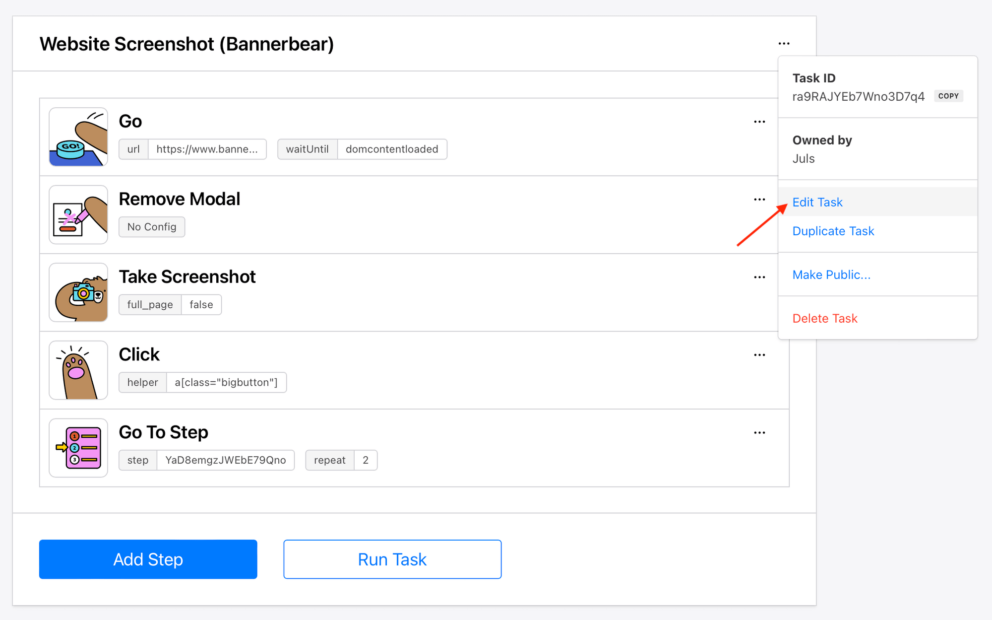 Screenshot of Browserbear task options with red arrow pointing to edit task