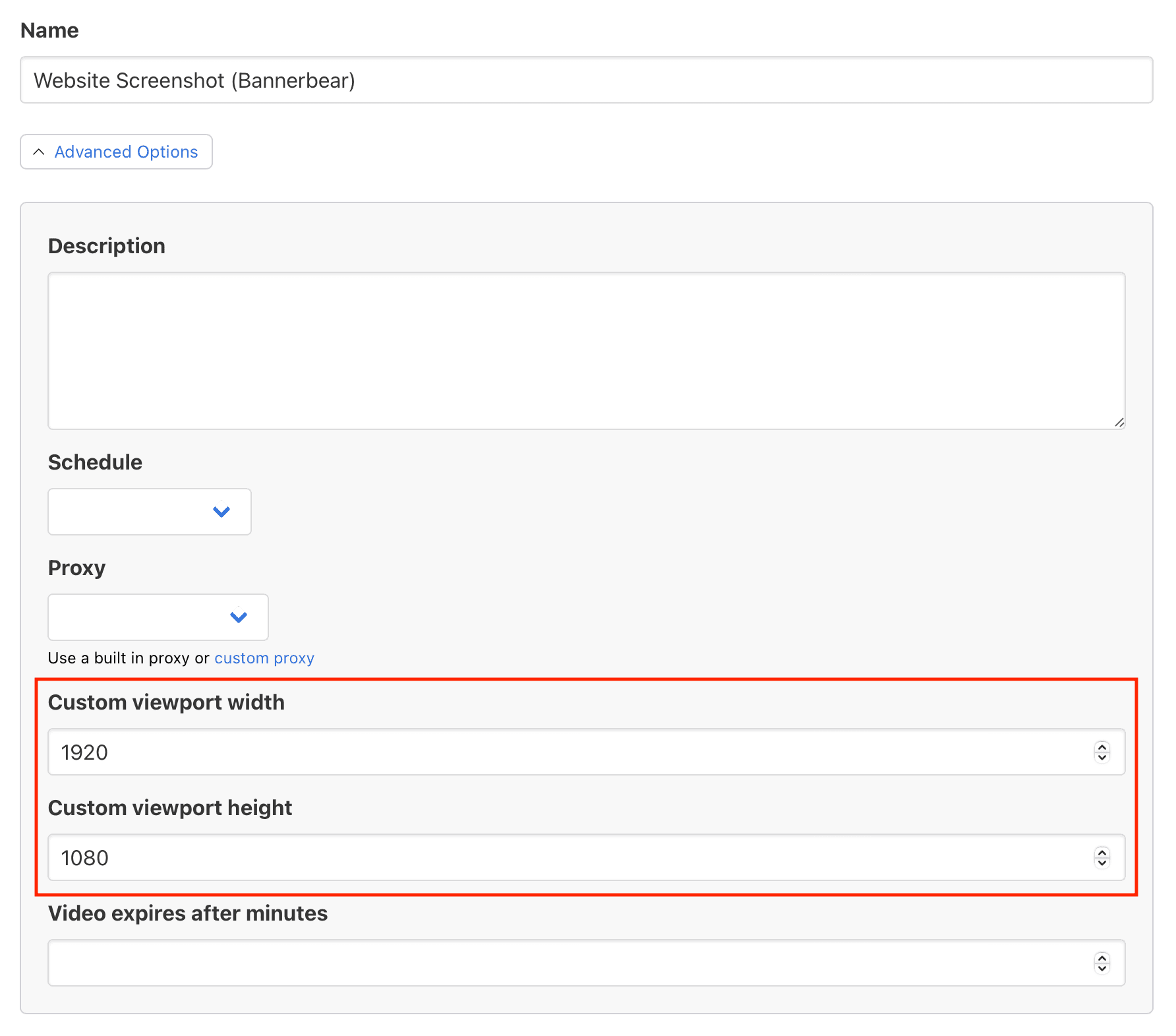 Screenshot of Browserbear task advanced options with red box around custom viewport dimensions