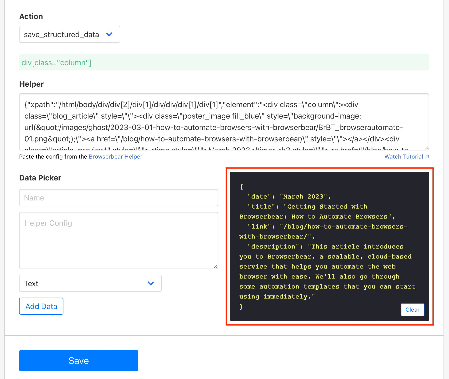 Screenshot of Browserbear save_structured_data step setup with log outlined