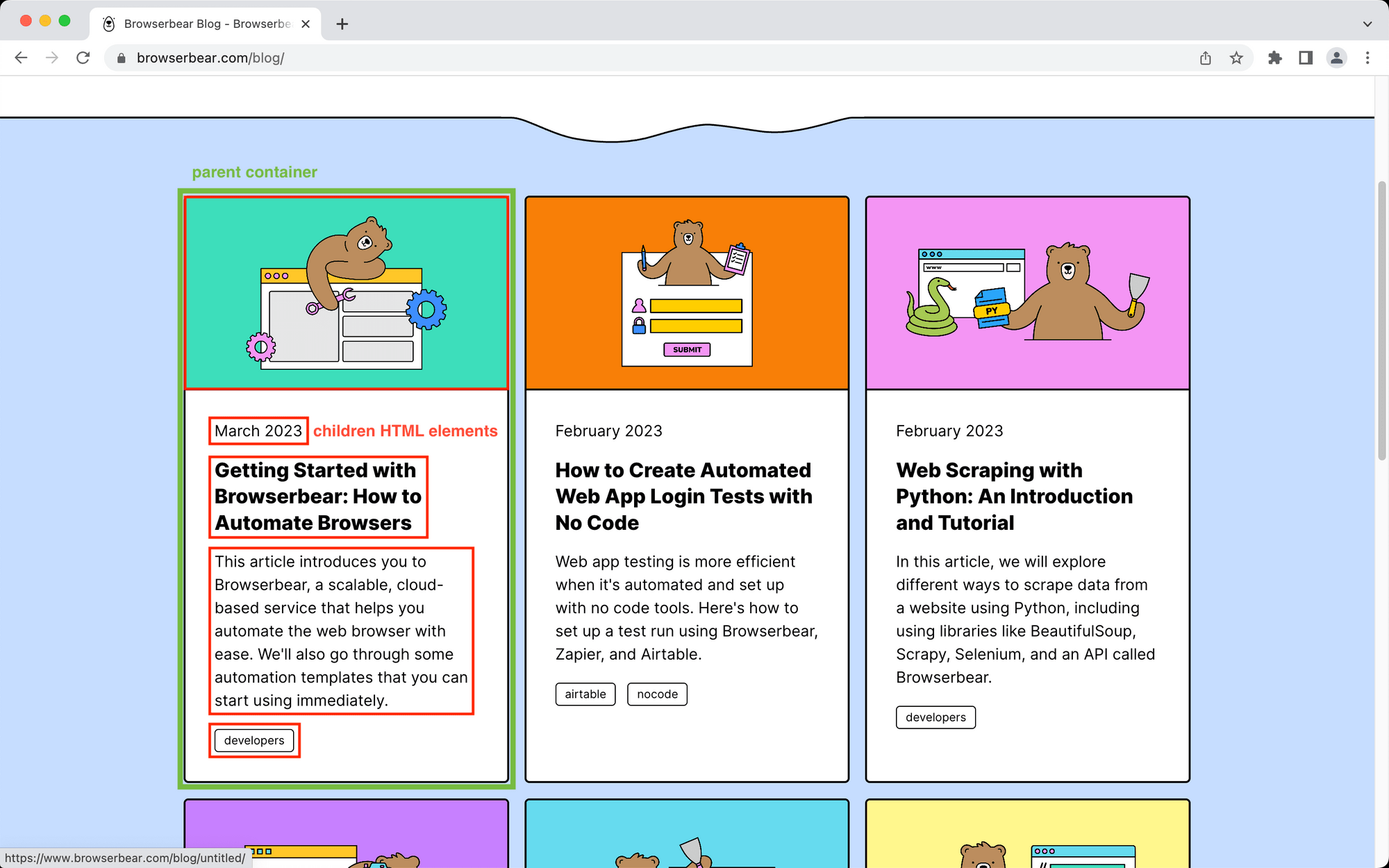 Screenshot of Browserbear blog page with parent container and children elements outlined