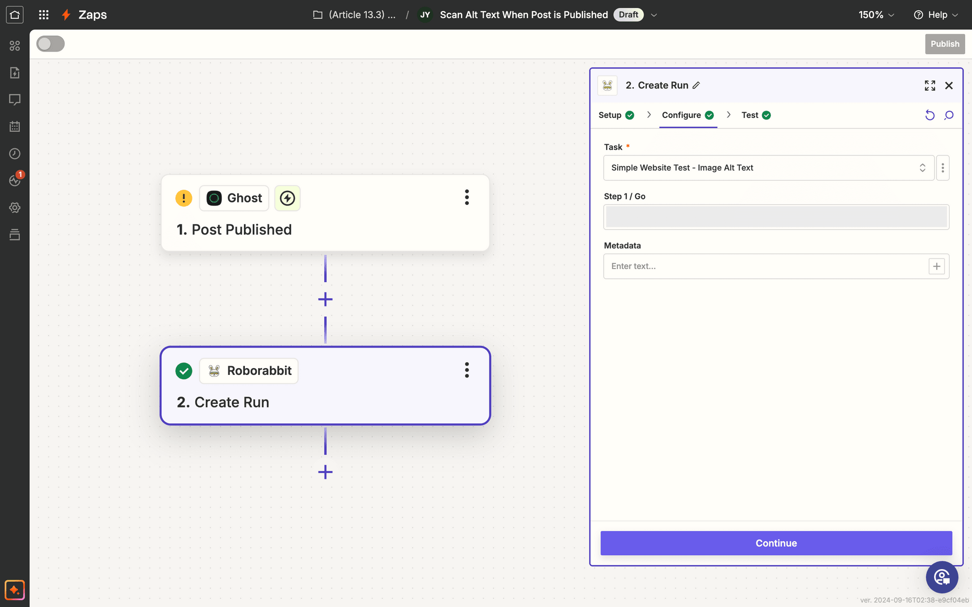 Screenshot of Zapier Roborabbit create run action