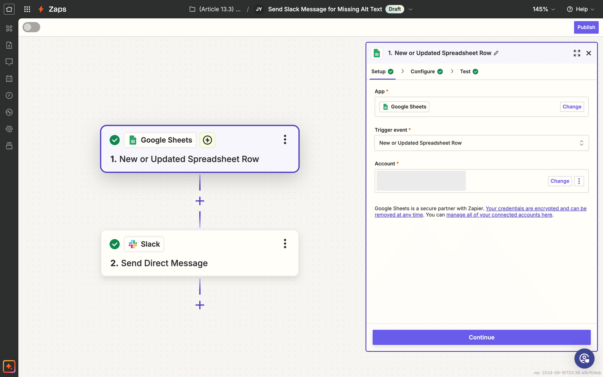 Screenshot of Zapier Google Sheets new or updated spreadsheet row trigger