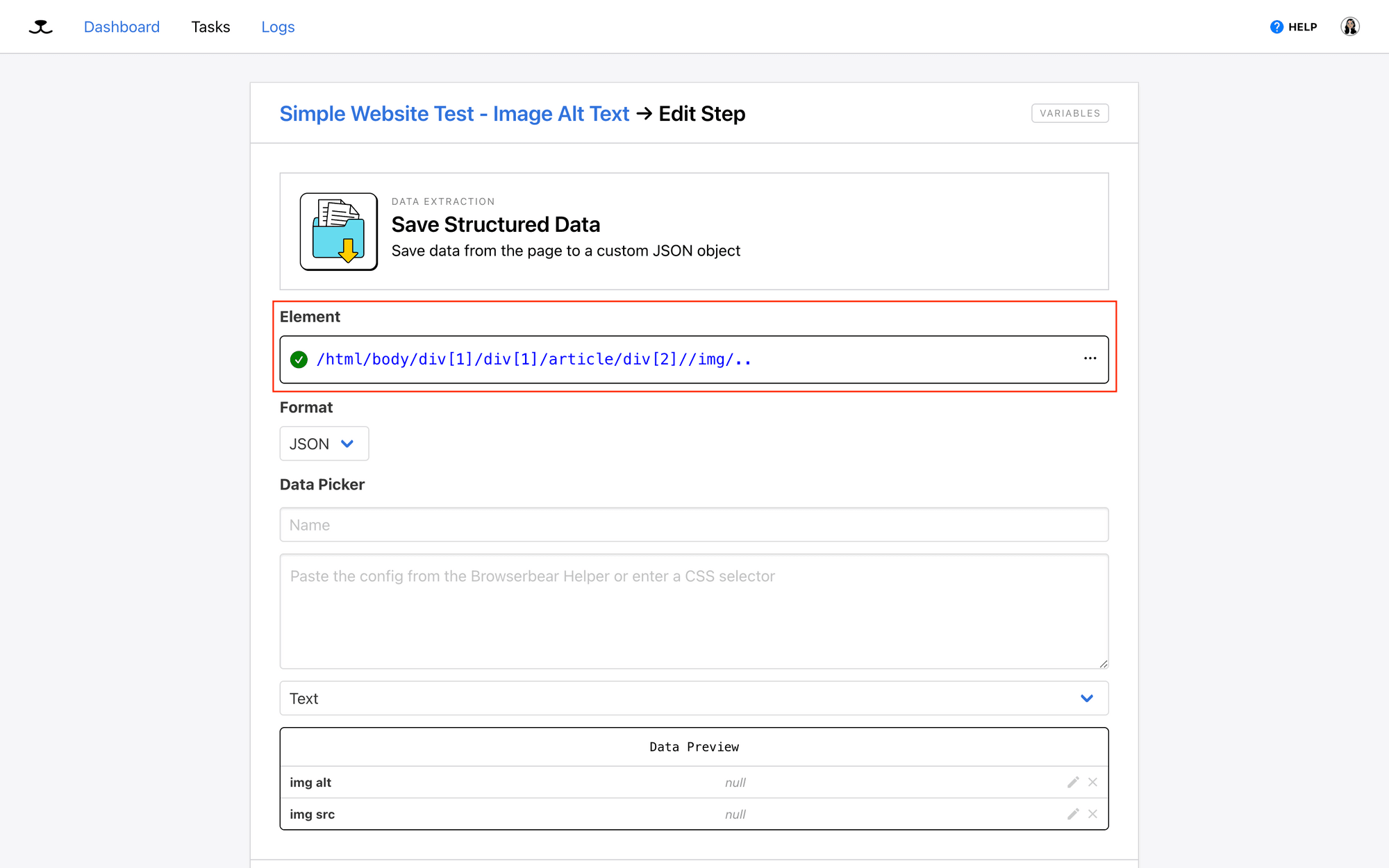 Screenshot of Roborabbit save structured data step HTML snippet edit in red