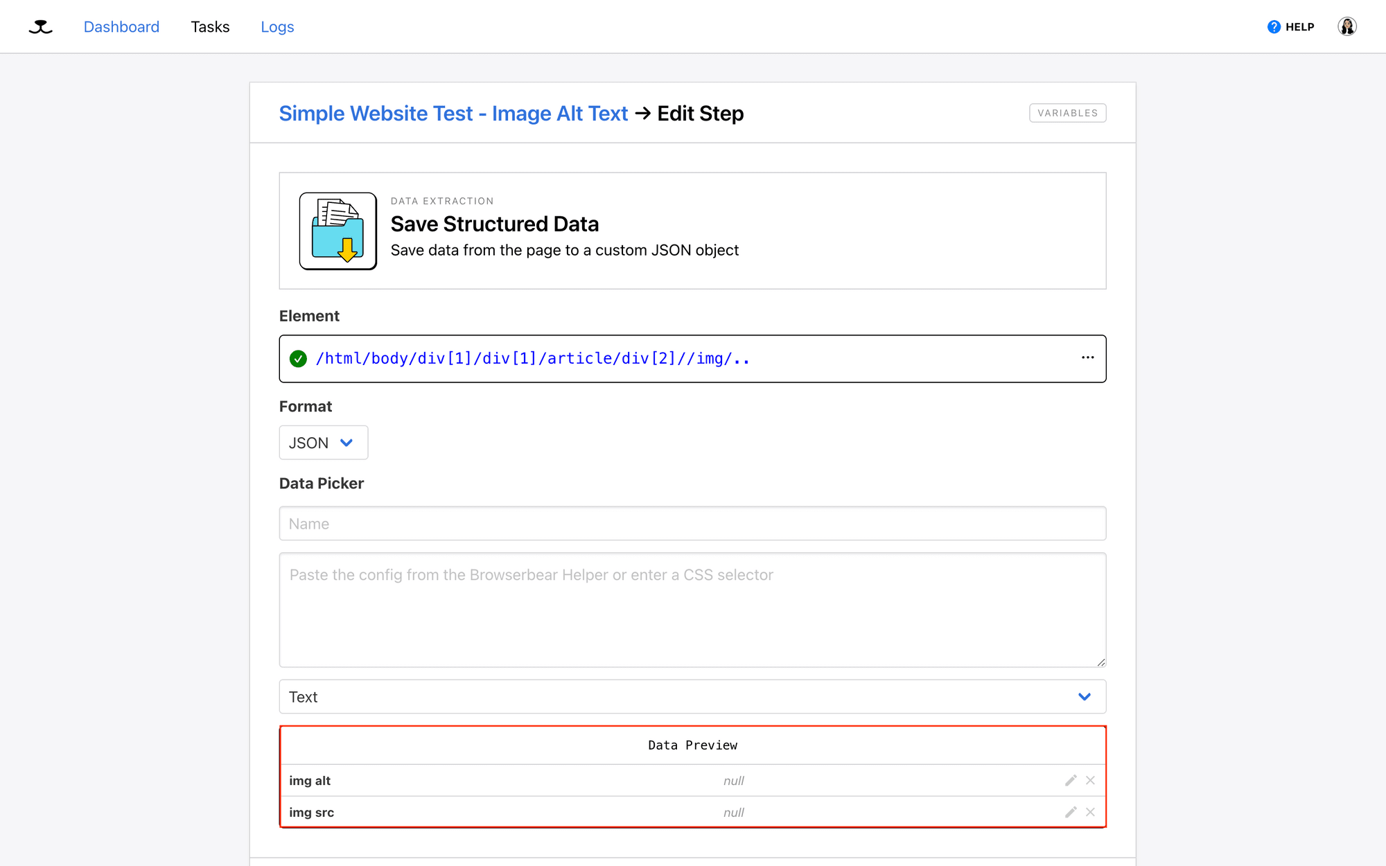 Screenshot of Roborabbit save structured data step setup