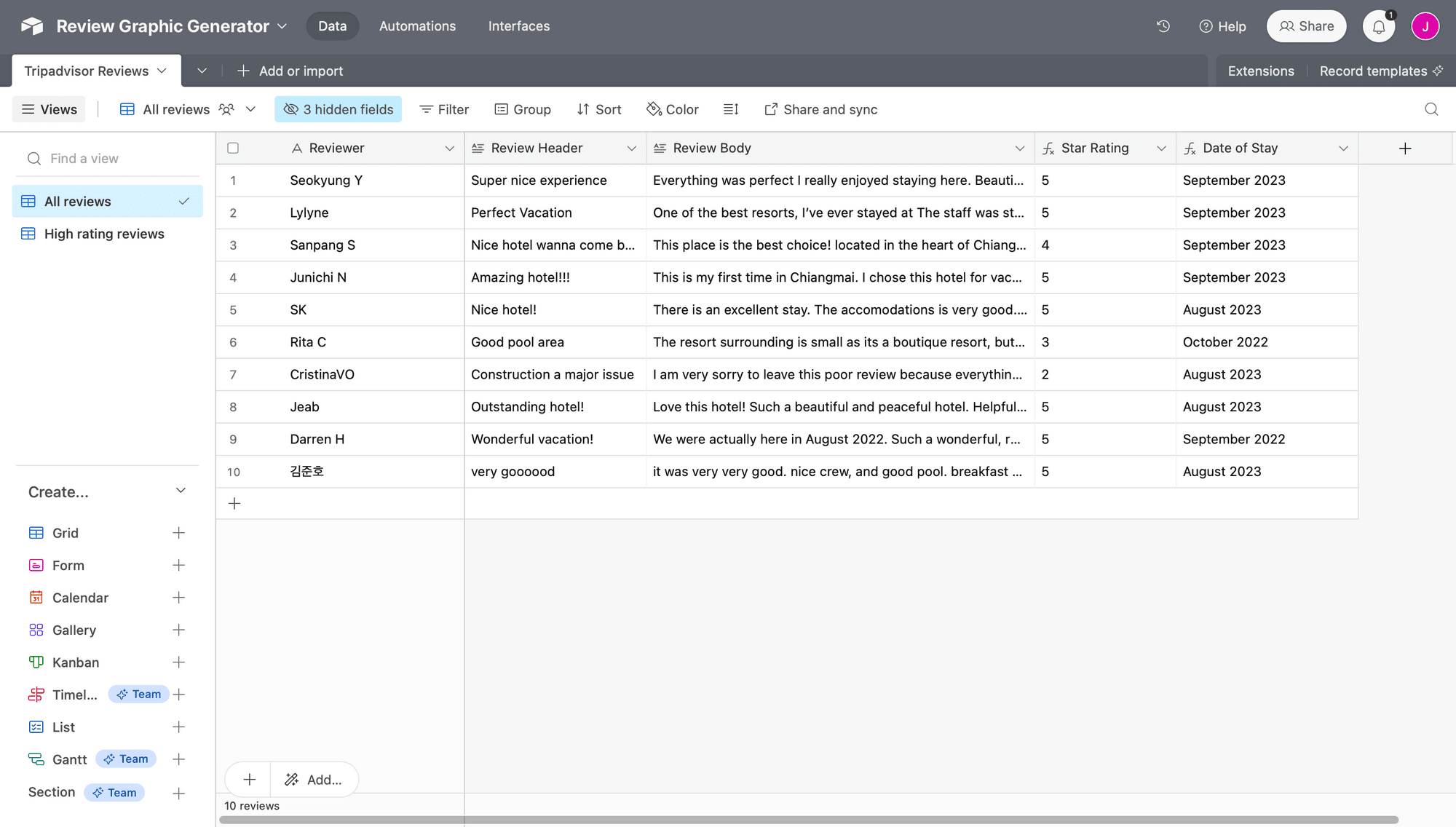 Screenshot of Airtable TripAdvisor reviews base