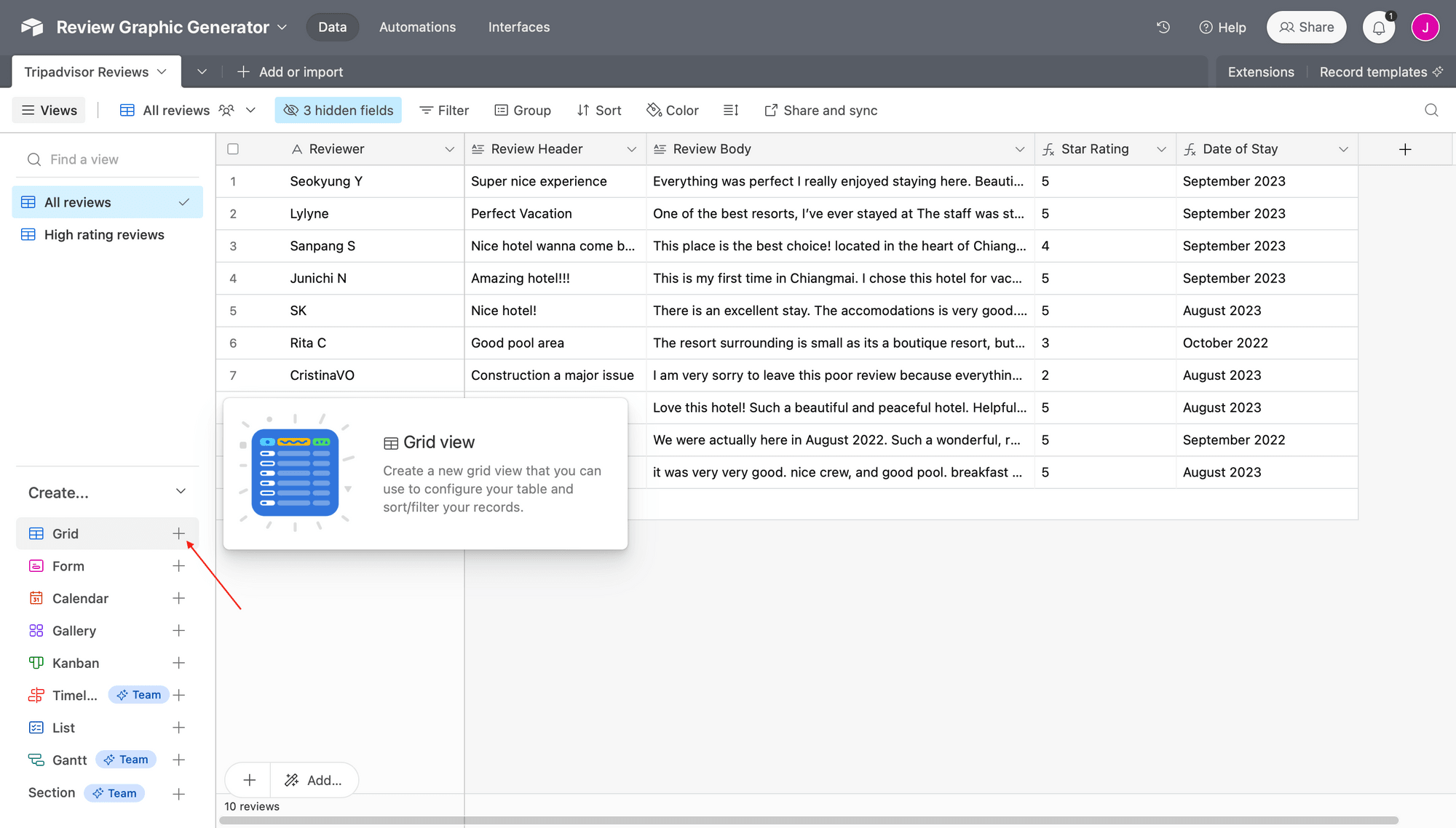 Screenshot of Airtable base with red arrow pointing to new grid view button