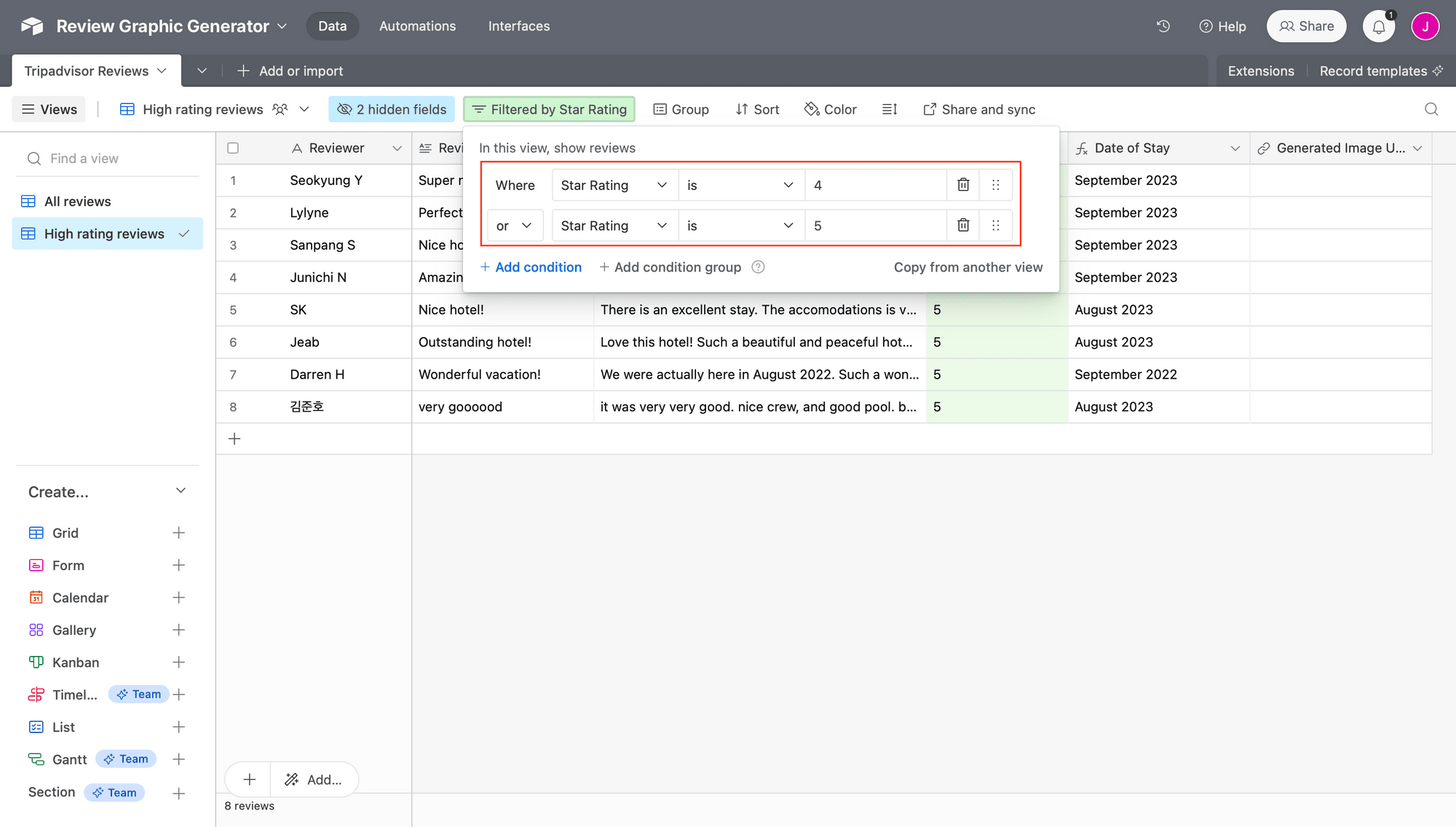 Screenshot of Airtable base with filters outlined in red