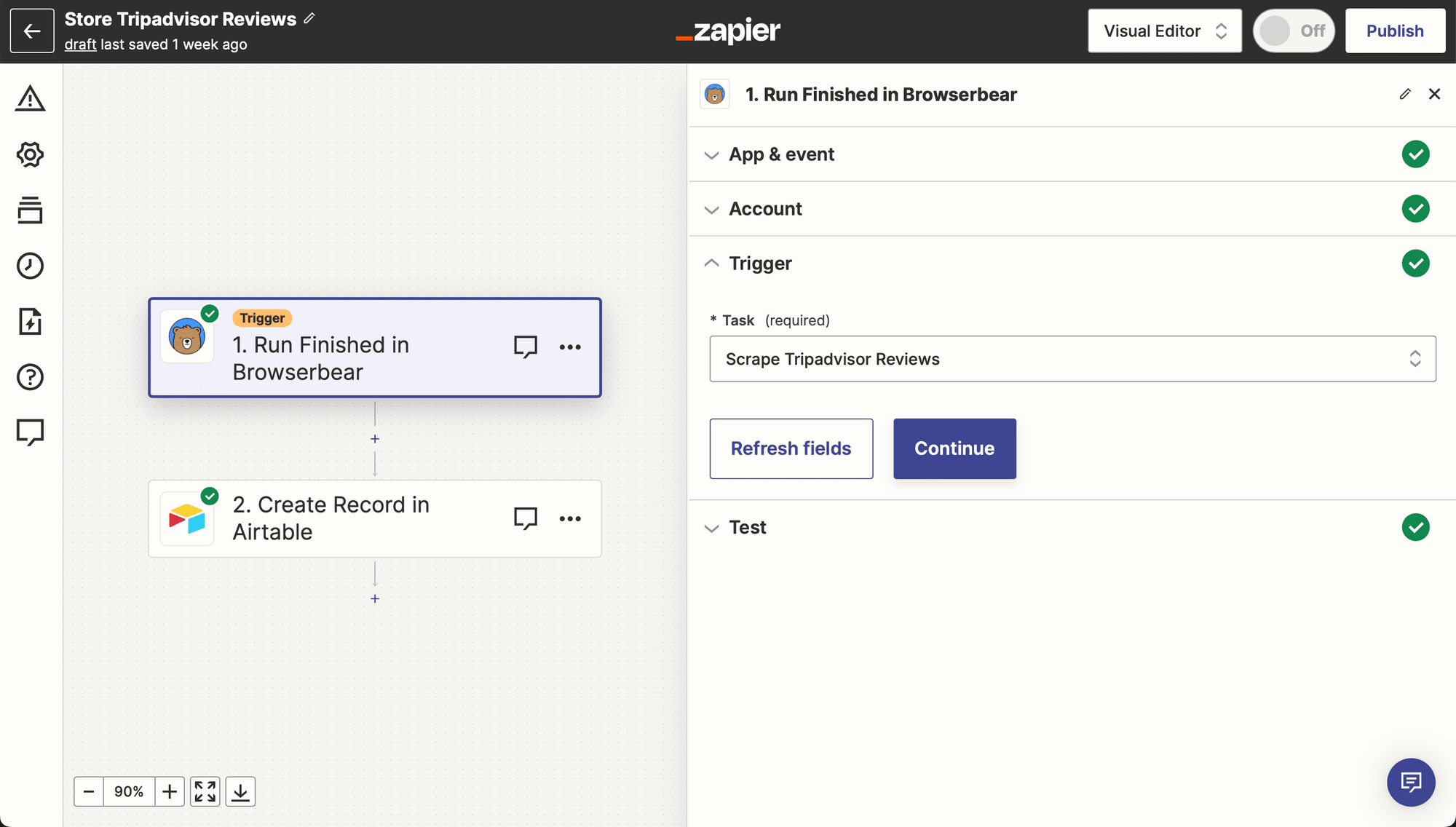 Screenshot of Zapier Browserbear run finished trigger