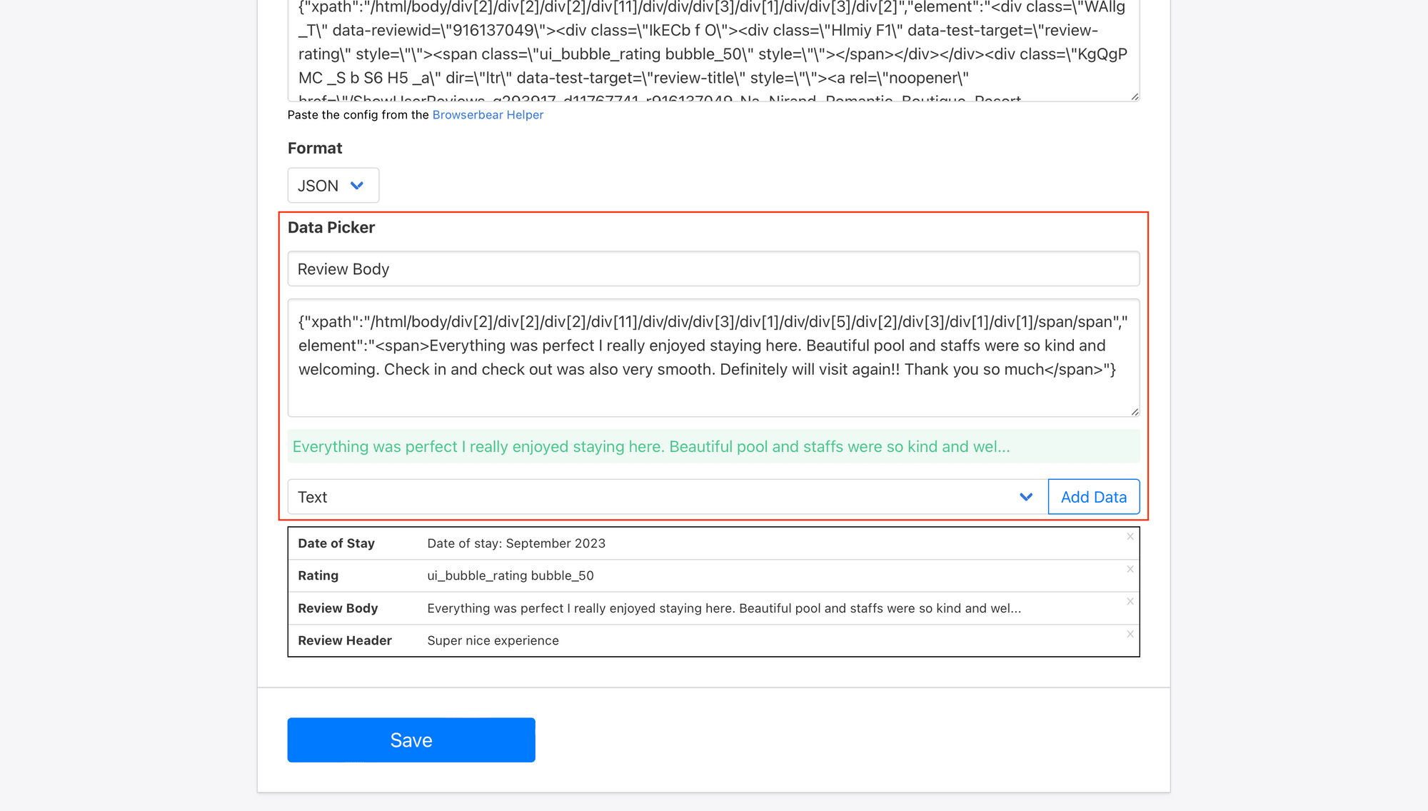 Screenshot of Browserbear save structured action data picker setup