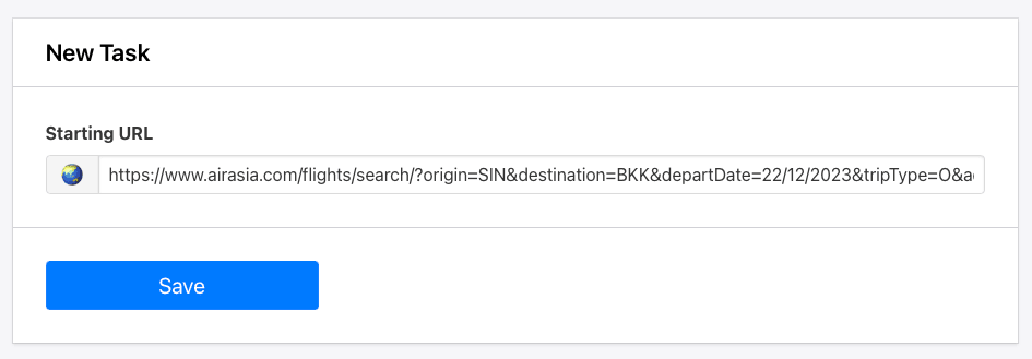 Screenshot of Browserbear new task starting URL setup