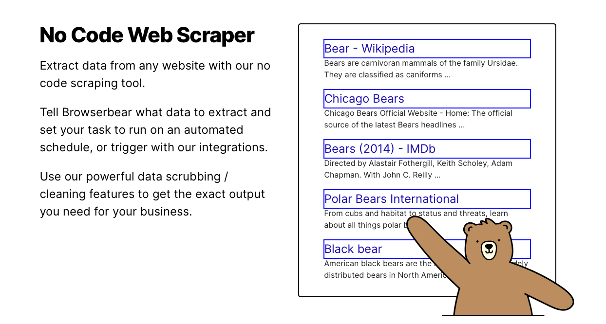 Screenshot of Browserbear web scraping landing page