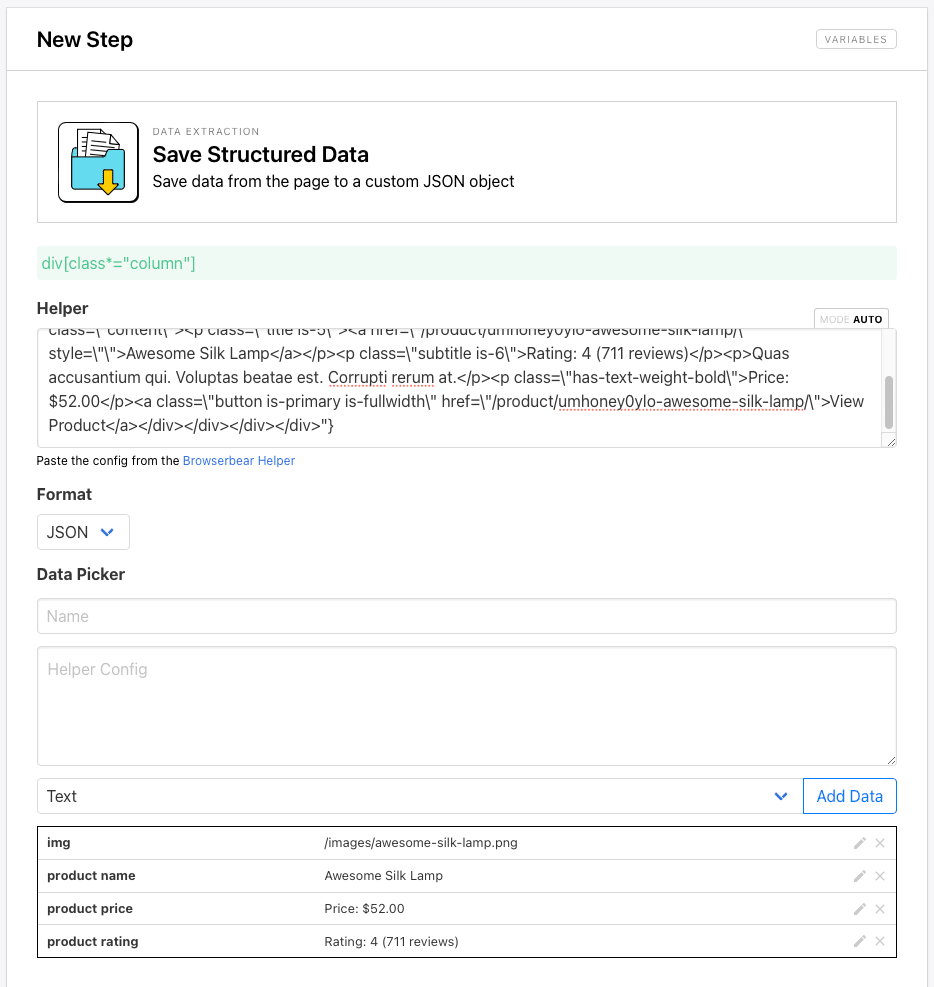 Screenshot of Browserbear save structured data step