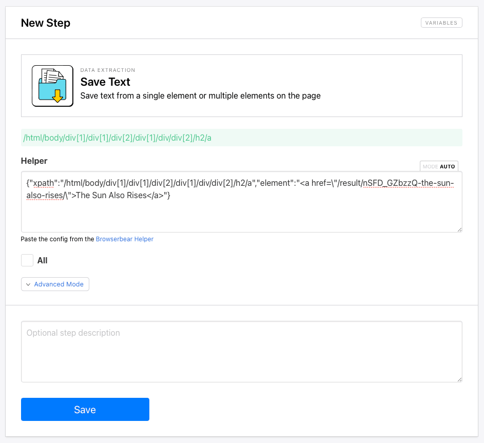 Screenshot of Browserbear save text step
