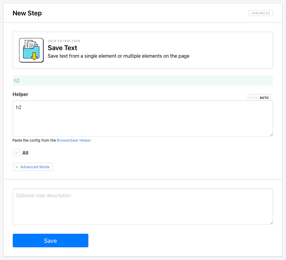 Screenshot of Browserbear save text step with all checked