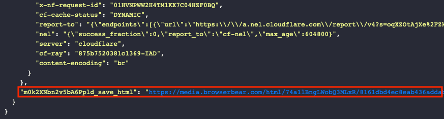 Screenshot of Browserbear save html output log outlined in red
