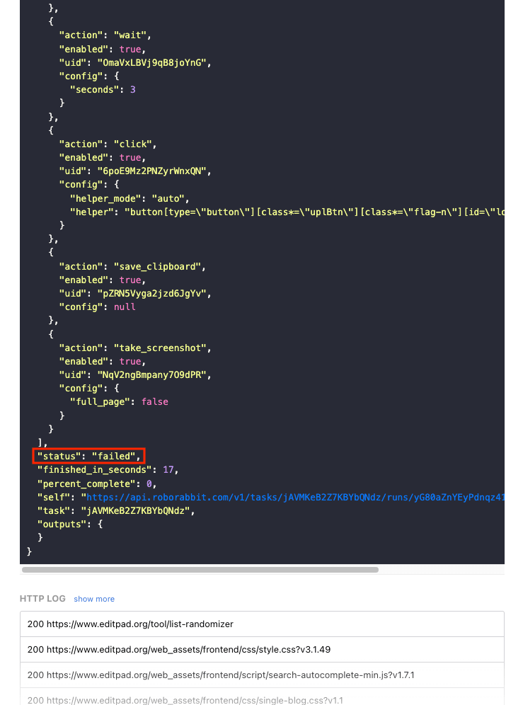 Screenshot of Roborabbit task log respoonse body with status update outlined in red