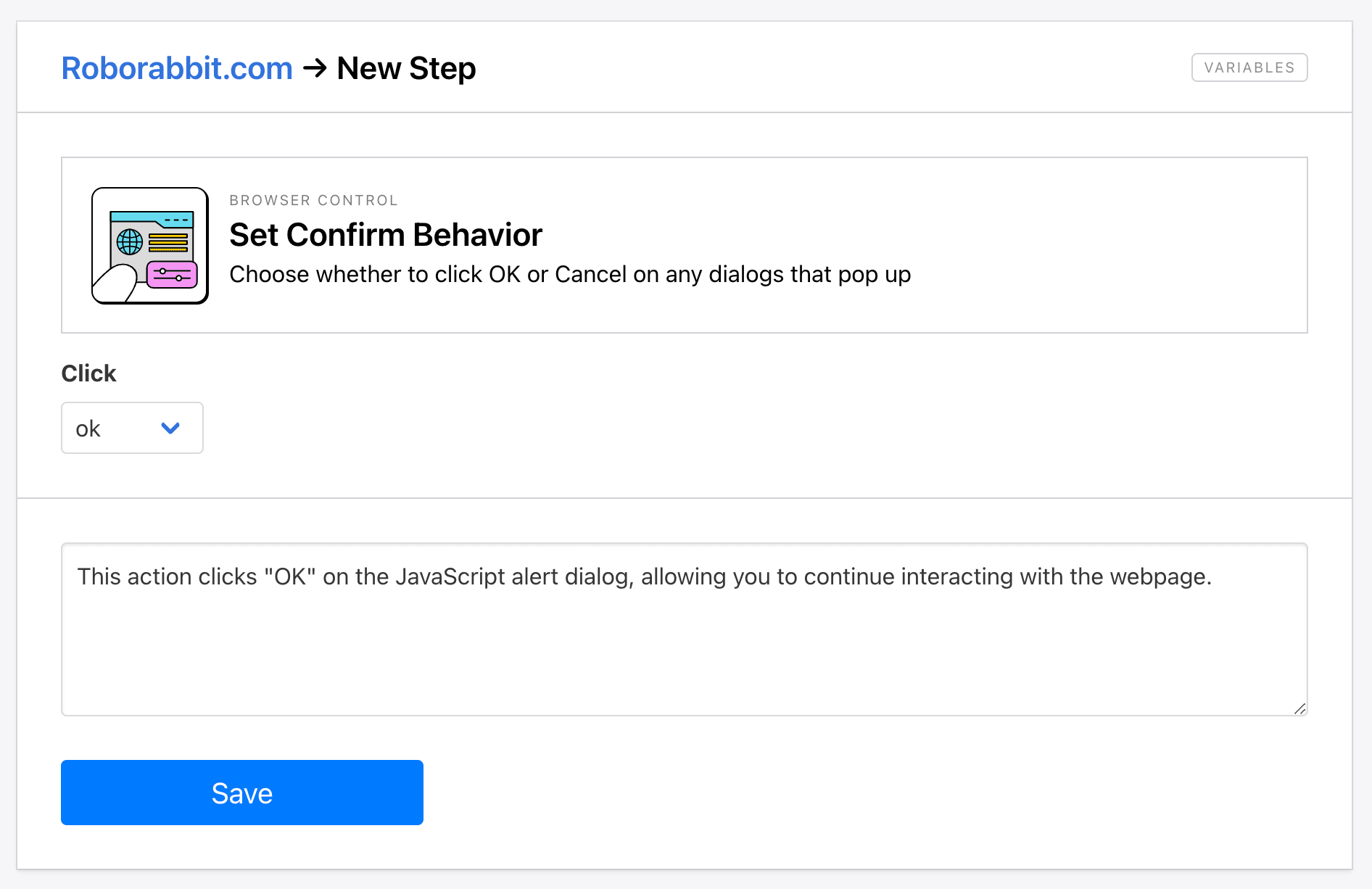 Screenshot of Roborabbit set confirm behavior step
