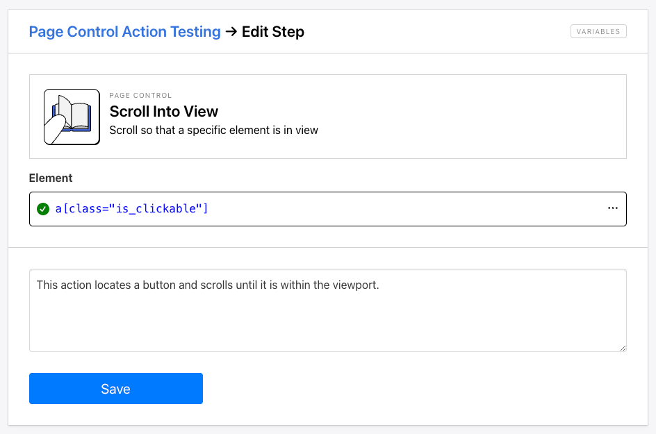 Screenshot of Roborabbit scroll into view step setup