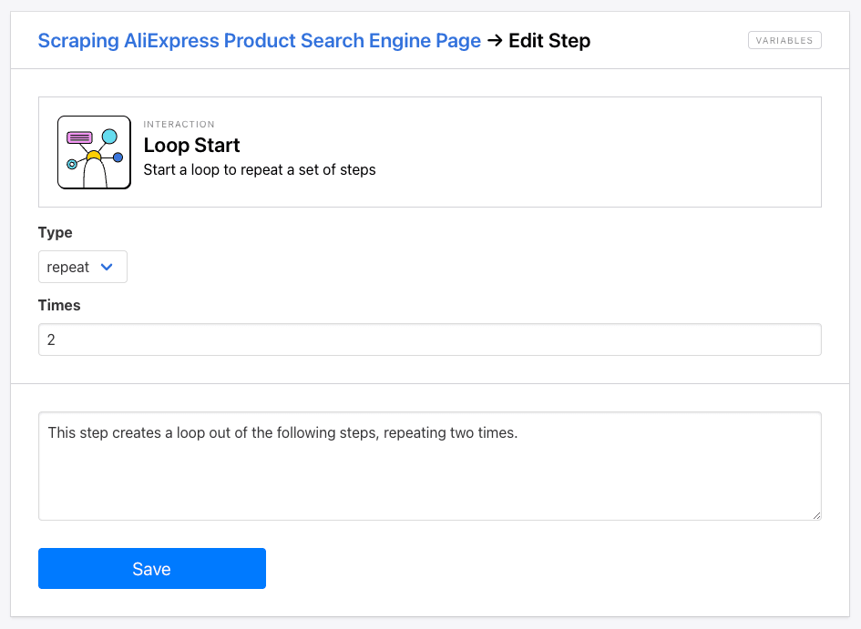 Screenshot of Roborabbit loop start step setup