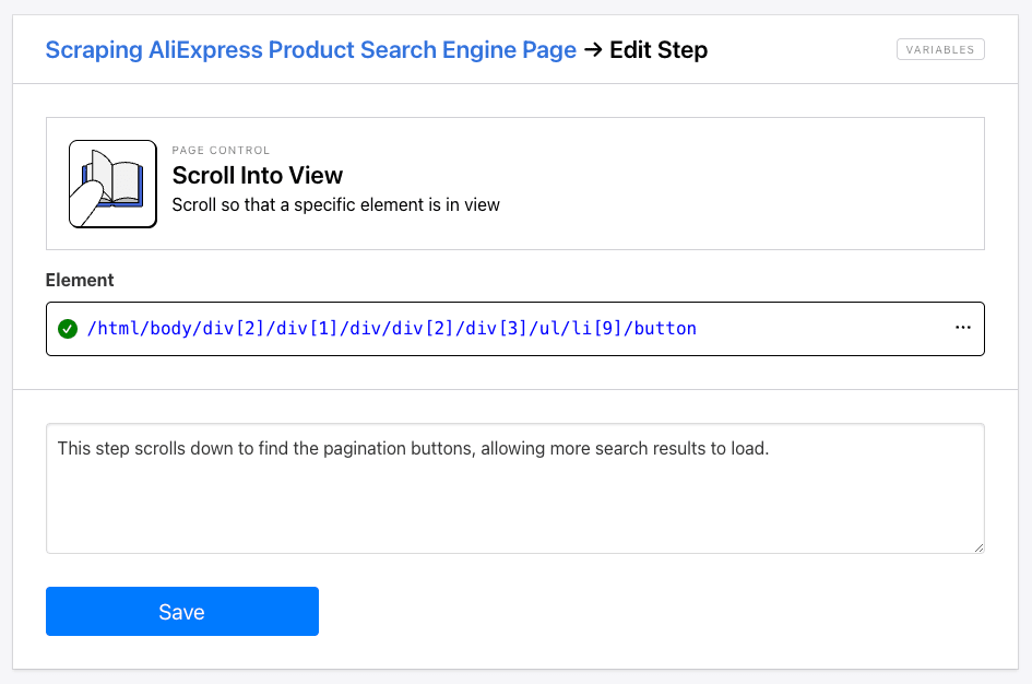 Screenshot of Roborabbit scroll into view step setup