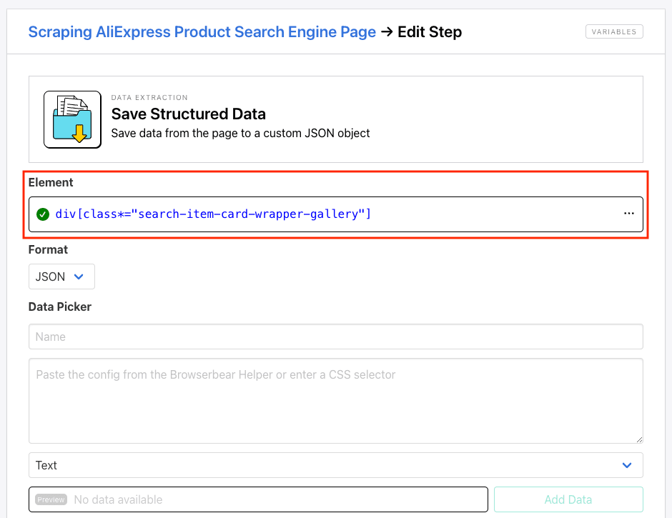 Screenshot of Roborabbit save structured data setup with element outlined in red