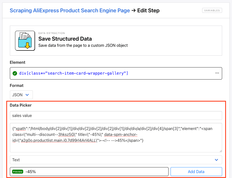 Screenshot of Roborabbit save structured data setup with data picker outlined in red