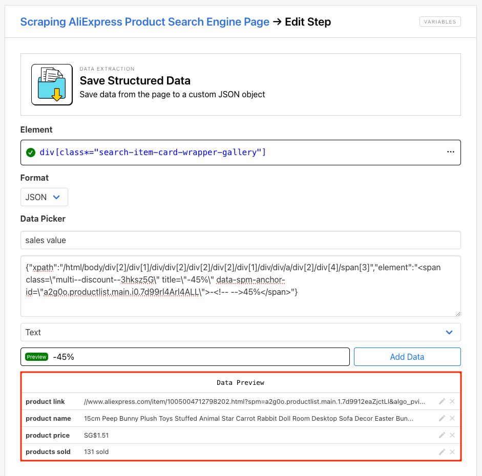 Screenshot of Roborabbit save structured data setup with data preview outlined in red