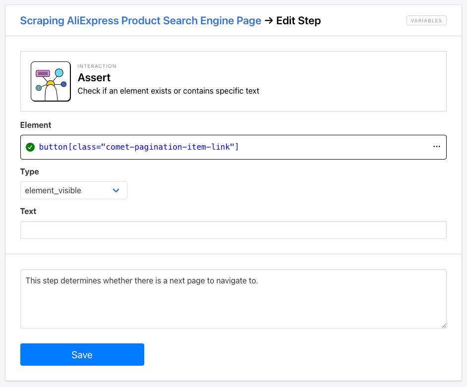 Screenshot of Roborabbit assert step setup