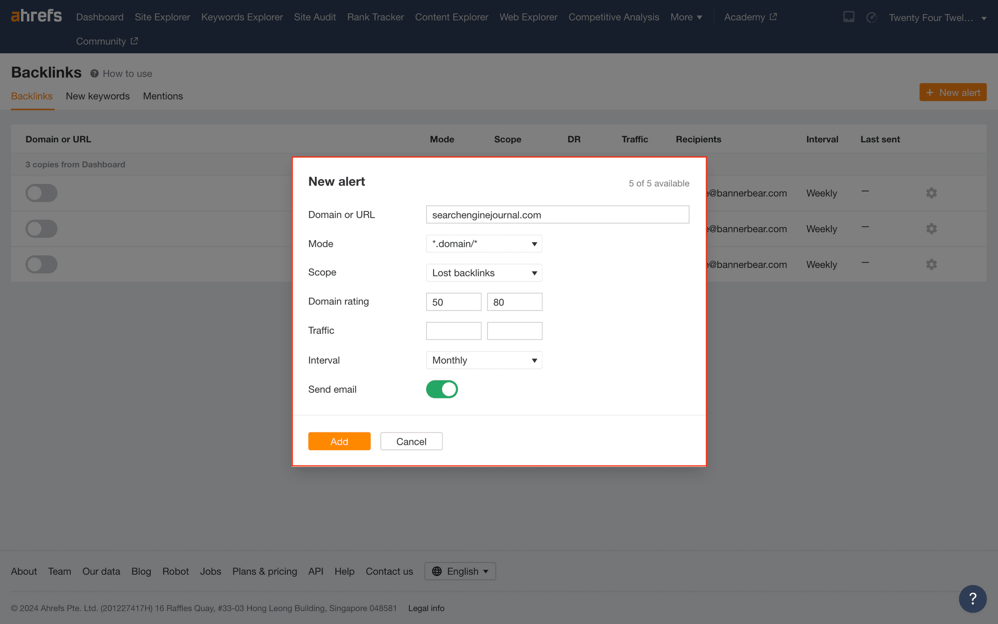 Screenshot of Ahrefs alert setup with red box around configuration