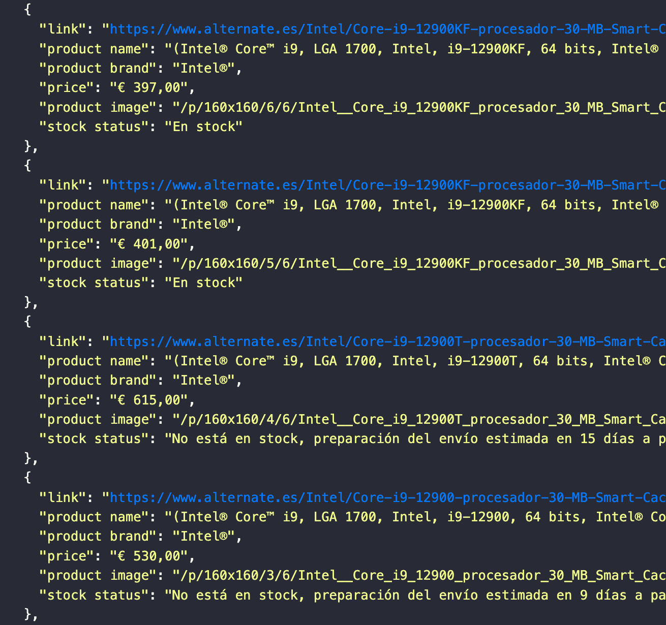 Screenshot of Roborabbit price scraping output log